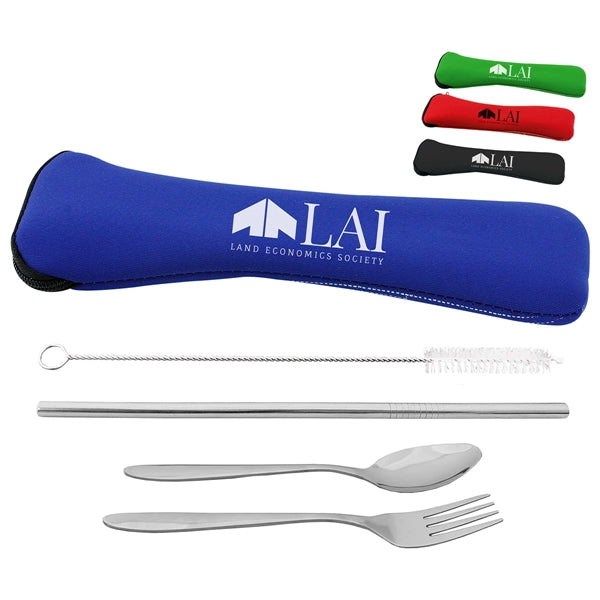 Stainless Steel Travel Utensil Set in Zipper Neoprene Pouch