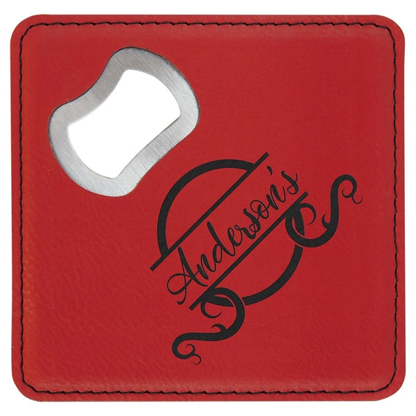 4" x 4" Square Red Laser Engraved Bottle Opener Coaster