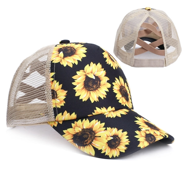 New Fashion Women High Sunflower Ponytail Baseball cap UPF