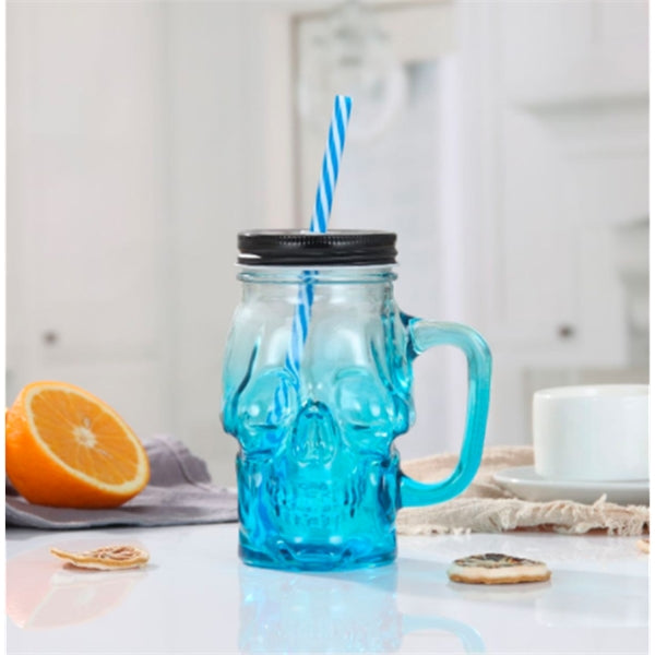 Skull glass cup with straw