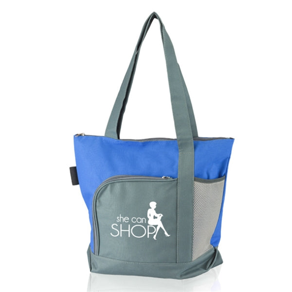 Two-Tone Grocery Tote Bag Polyester Canvas w/Zip & Side Mesh