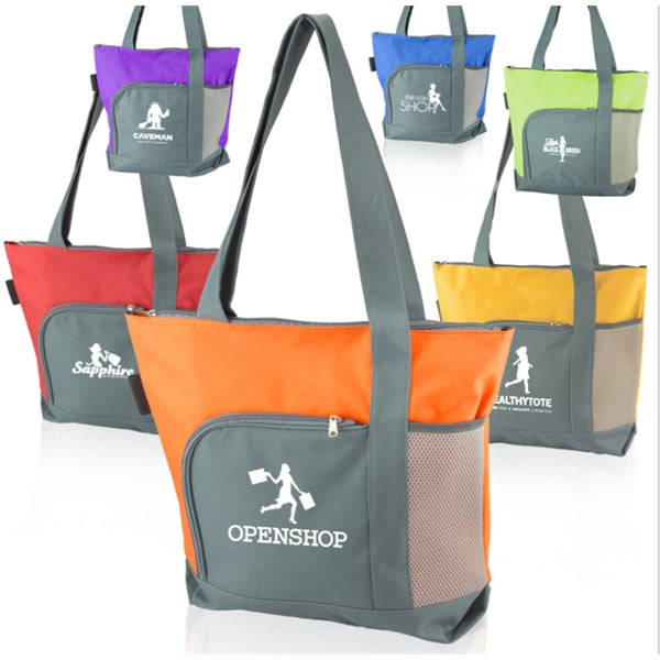 Two-Tone Grocery Tote Bag Polyester Canvas w/Zip & Side Mesh