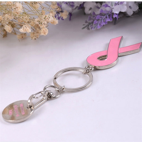 Breast Cancer Awareness Ribbon Charm Keychain w/ Metal Tag