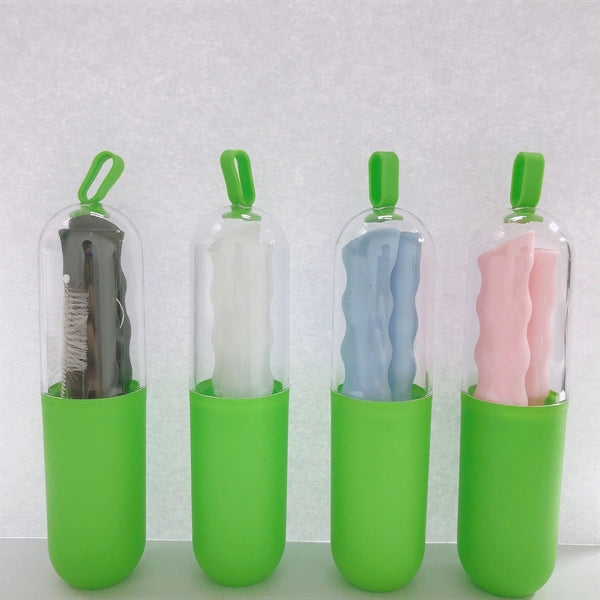 Collapsible Silicone Straw with Case and Cleaning Brush