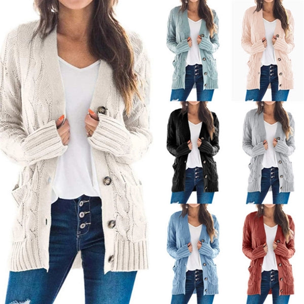 Women's Long Sleeve Knit Sweater Button Loose Outerwear