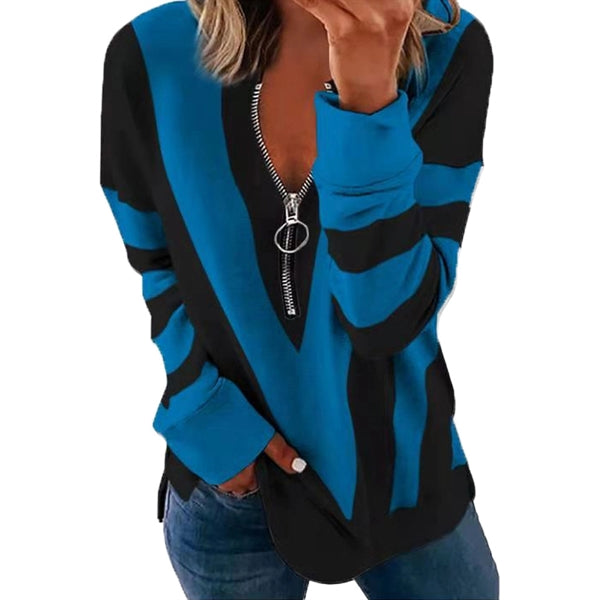 Long Sleeve Zipper V Neck Printed Tops T-Shirts