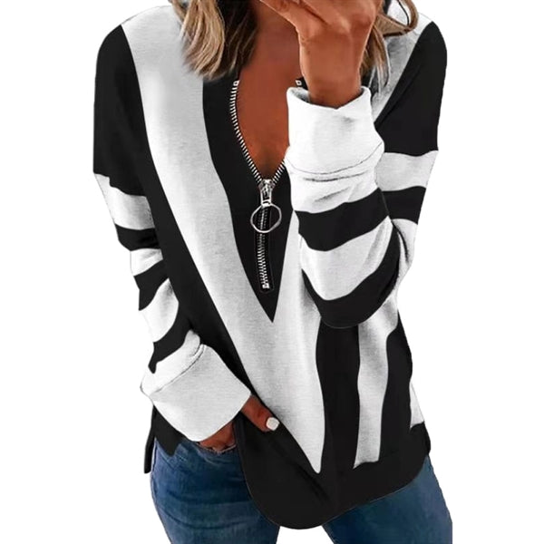 Long Sleeve Zipper V Neck Printed Tops T-Shirts