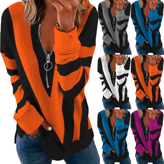 Long Sleeve Zipper V Neck Printed Tops T-Shirts