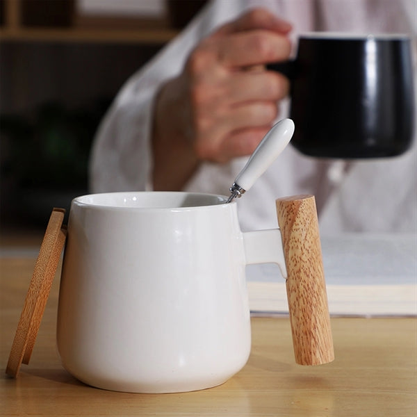 Ceramic Tea Cup with bamboo Lid Mugs Wooden Handle 13oz
