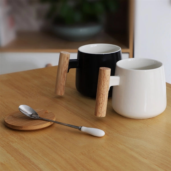 Ceramic Tea Cup with bamboo Lid Mugs Wooden Handle 13oz