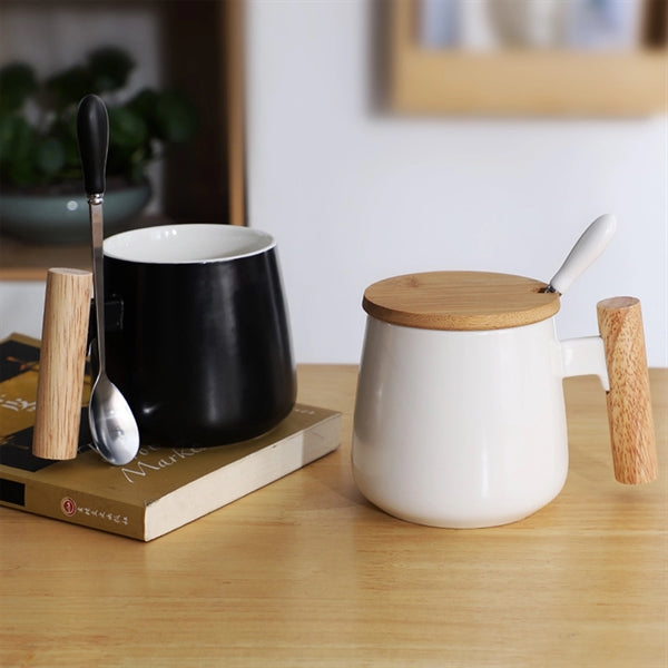 Ceramic Tea Cup with bamboo Lid Mugs Wooden Handle 13oz