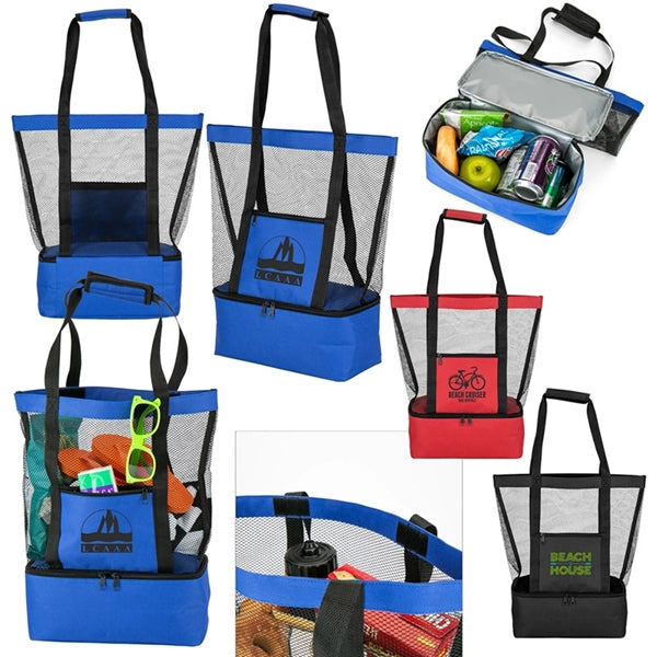 Printed Mesh Beach Tote Bag with Insulated Cooler