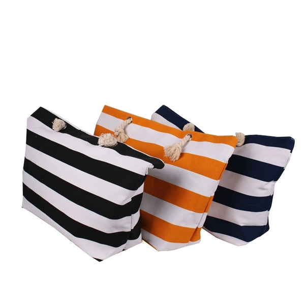 Large Striped Canvas Beach Bag With Cotton Rope Handles