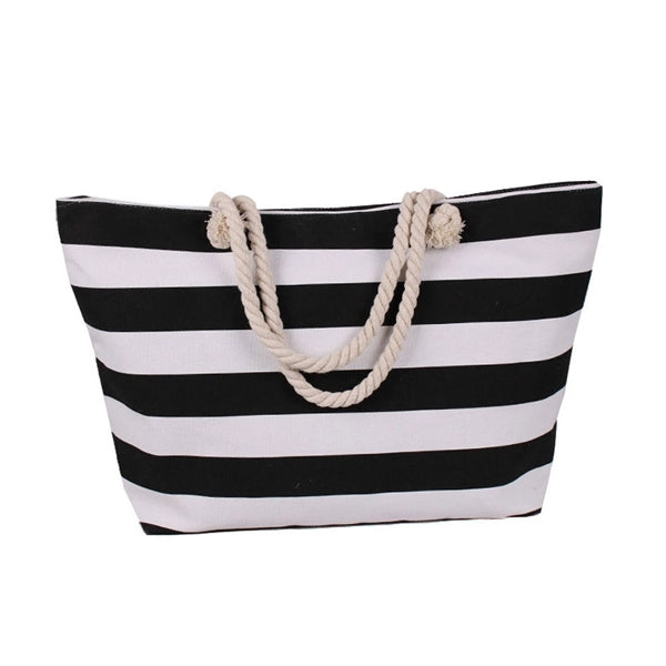 Large Striped Canvas Beach Bag With Cotton Rope Handles
