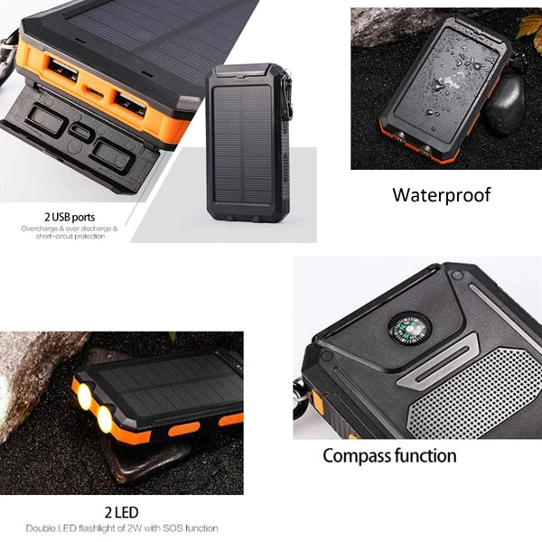 Waterproof Solar Charger w/ 2USB Port & LED Lights & Compass