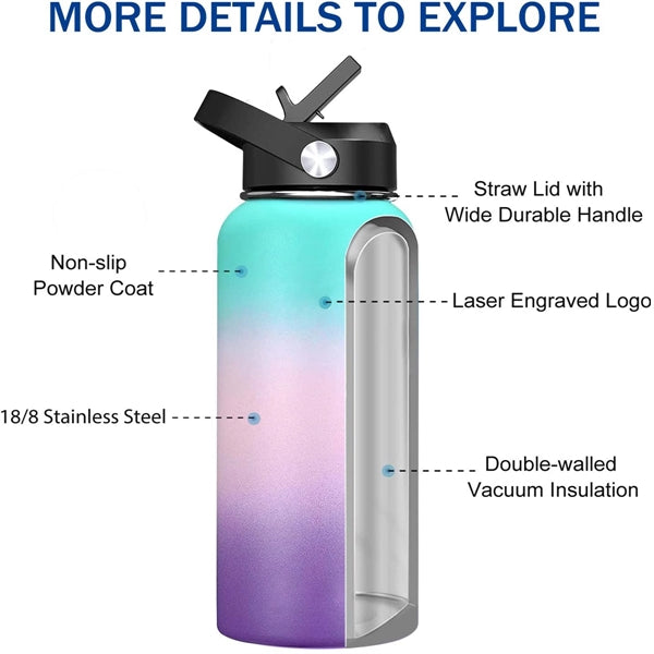 Vacuum Insulated Metal Water Bottle with Straw & Spout Lids