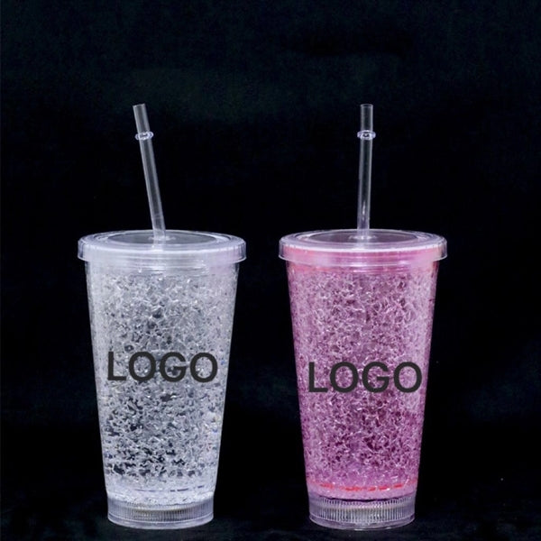 16 oz LED Double-layer Plastic Tumbler with Lid and Straw