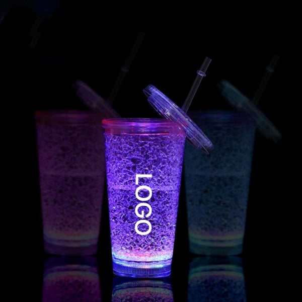 16 oz LED Double-layer Plastic Tumbler with Lid and Straw