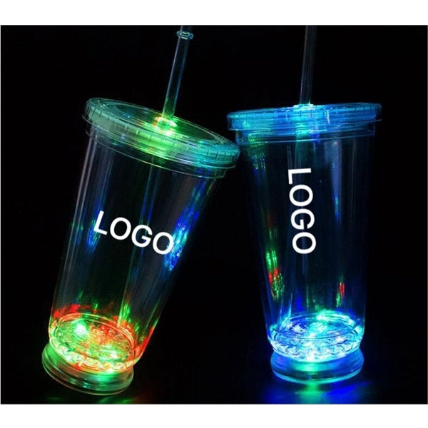 16 oz LED double-layer Plastic Tumbler with Lid and Straw