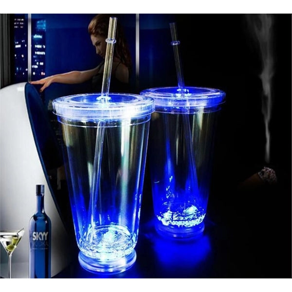 16 oz LED double-layer Plastic Tumbler with Lid and Straw