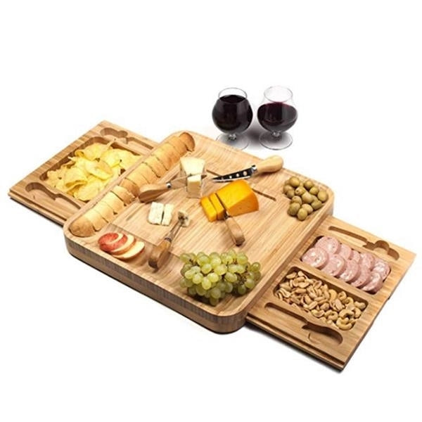 Bamboo Cheese Board& Cutlery Set With Slide-Out Drawer