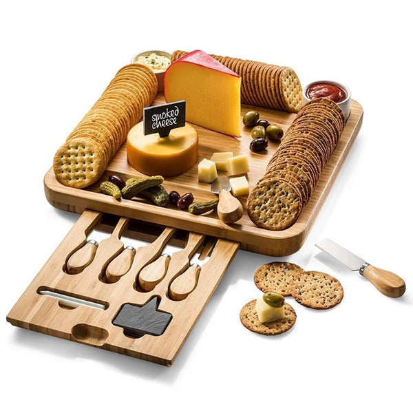 Bamboo Cheese Board& Cutlery Set With Slide-Out Drawer