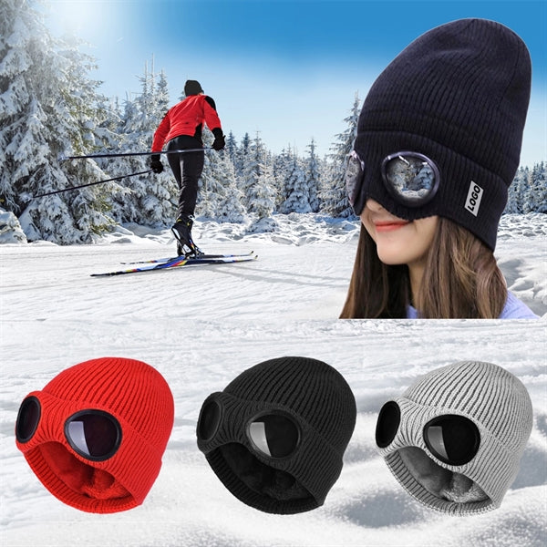 Unisex Goggle Knitted Ski Beanie With Sunglasses