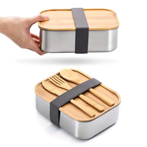 Stainless Steel Wooden Lid Square Lunch Box Bento