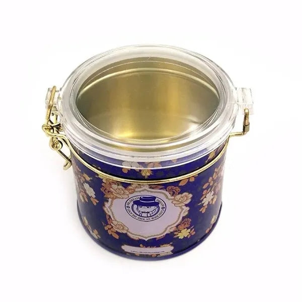 Round Airtight Tea Tin Can with Wire Clasp and Plastic Lid