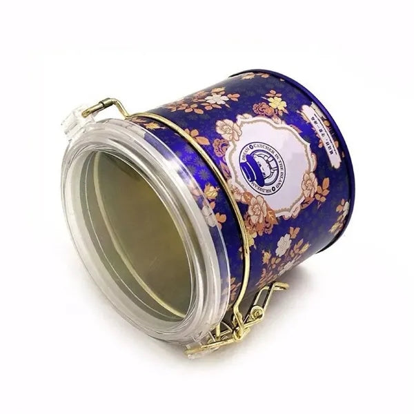 Round Airtight Tea Tin Can with Wire Clasp and Plastic Lid