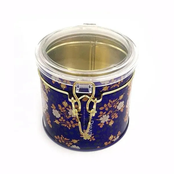 Round Airtight Tea Tin Can with Wire Clasp and Plastic Lid