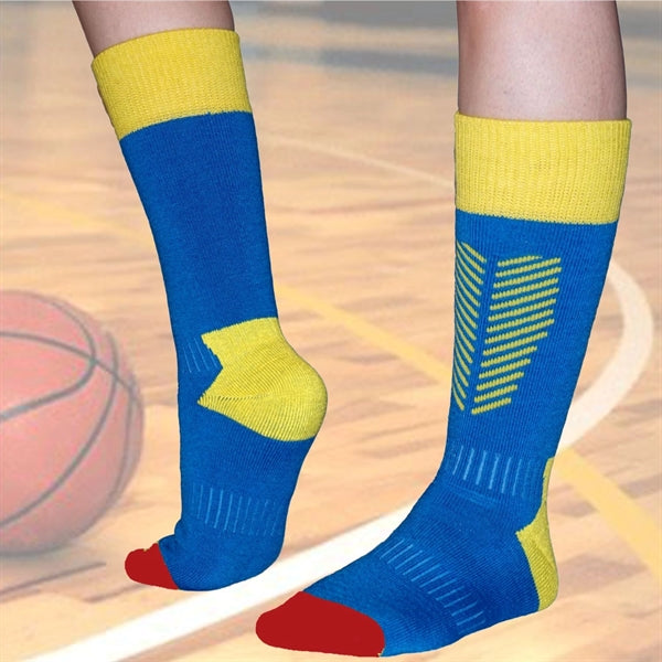 Cushioned mid cuff custom knit basketball socks, 144 needles