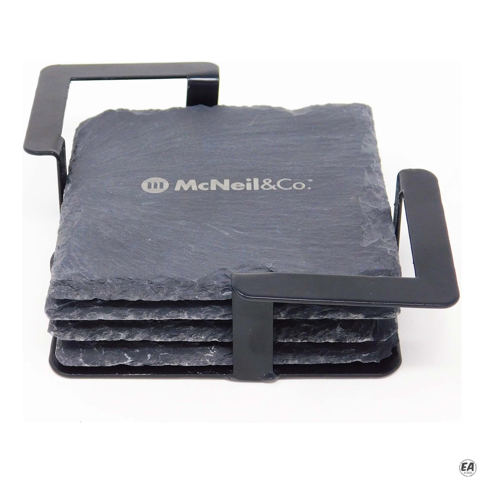 4-Piece Square Slate Coaster Set with Black Metal Stand