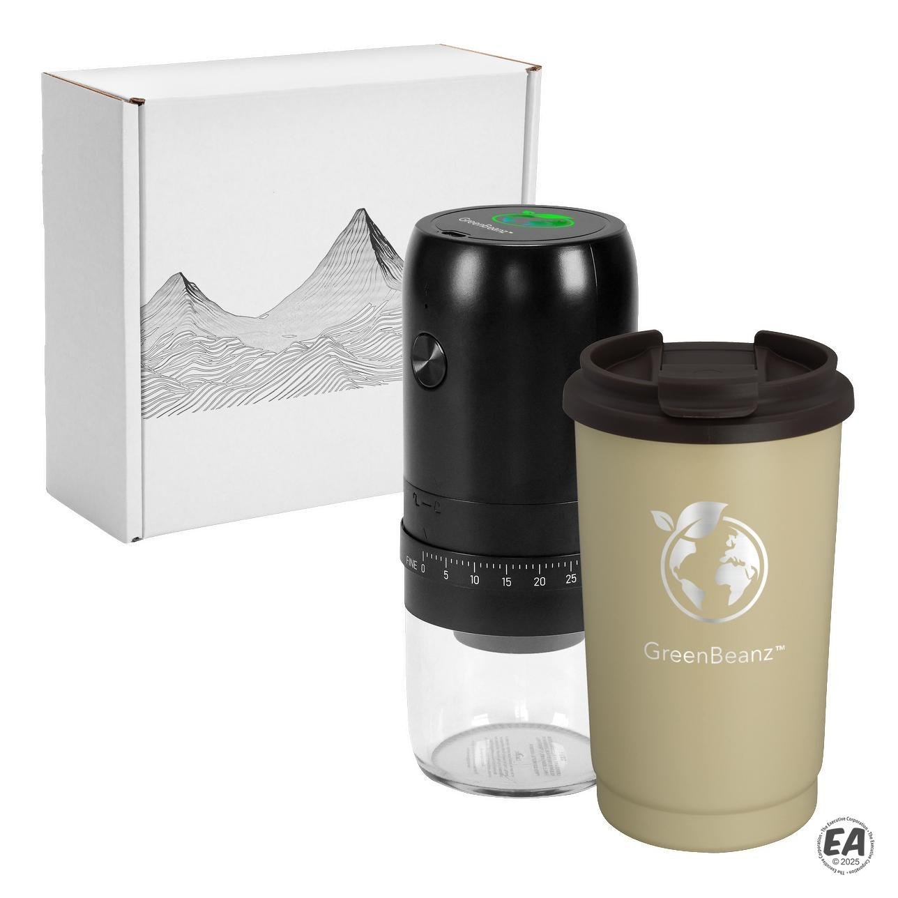 Coffee Lovers Kit (Rechargeable Coffee Grinder with EarthTrendz 14 oz Recycled Stainless Steel Tumbler packaged in a gift box)
